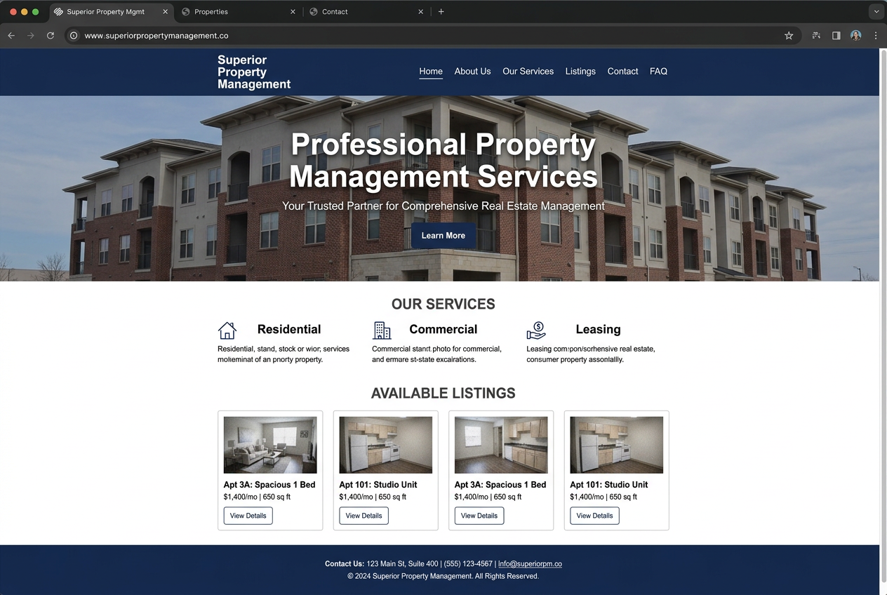 Before: Generic Squarespace template website for Brookline Property Group